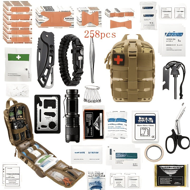Outdoor Survival Gear Set 11/13/258-Piece – Professional Emergency Kit with Fire Starter & Compass | Multi-Tool Outdoor Equipment for Camping, Hiking & Adventure