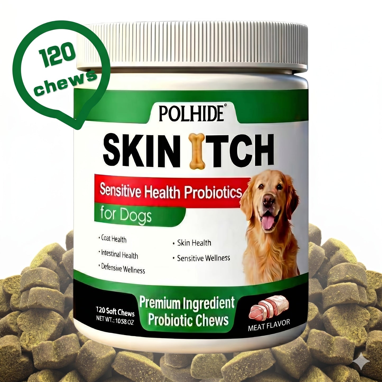 Dog Gut Health Probiotic Chews 120 Count – Yeast Supplement for Sensitive Stomach, Coat & Intestinal Wellness, Soft Meat Flavor, 90-Day Supply for Dogs All Ages