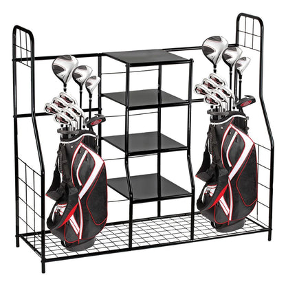 Golf Bag Storage Rack Organizer Steel Dual Bag Holder with 4 Shelves for Clubs Balls Shoes Accessories Garage Basement Home Golf Equipment Organizer Heavy Duty