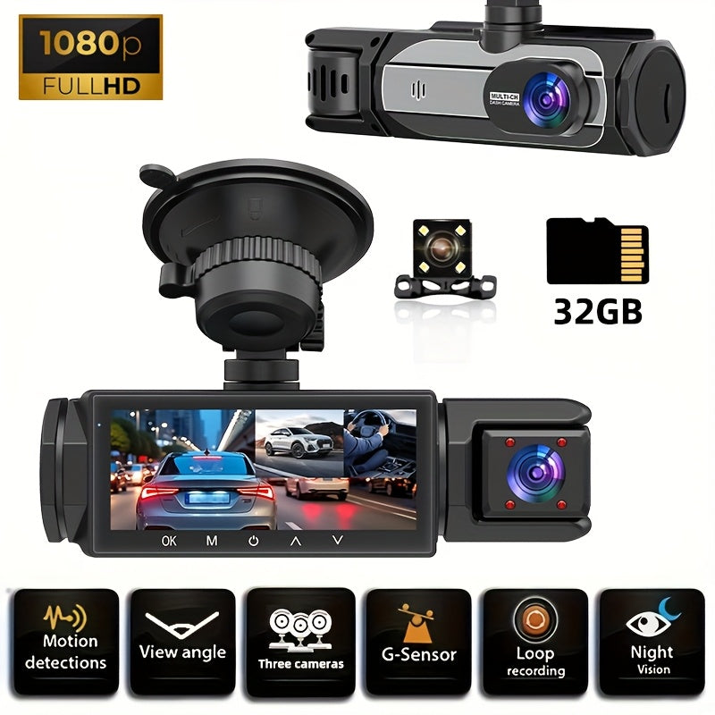1080P Dash Cam with 3 Cameras Front Built-In Rear Infrared Night Vision 170° Wide-Angle Built-In Audio 32GB Card Connection to Smartphone Loop Recording G-Sensor 24 Parking Monitor