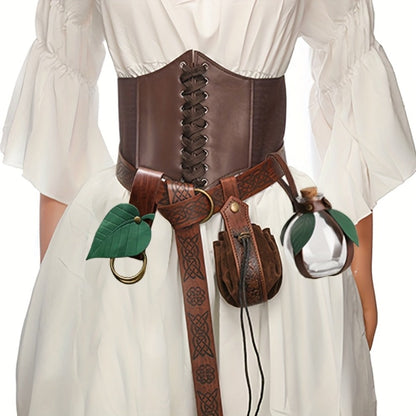 Renaissance Corset Set 5-Piece Ladies – Medieval Belt Pouch Potion Bottle Waist Protector, Women Halloween LARP Cosplay Renaissance Fair Outfit, Stage Prop & Photography Costume Gift