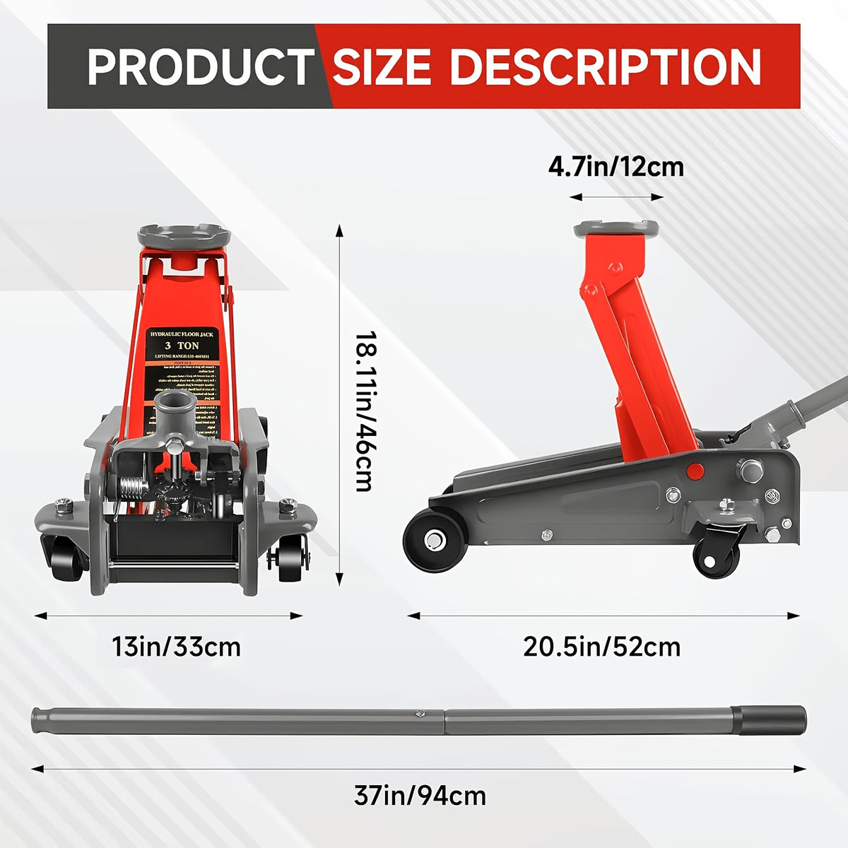 3 Ton Floor Jack, Equipped with Wheels, Can Be Safely Lifted And Quickly Lifted, with A Lifting Height Of 460mm And A Range Of 5.31 In-18.11in, Suitable for Various Cars