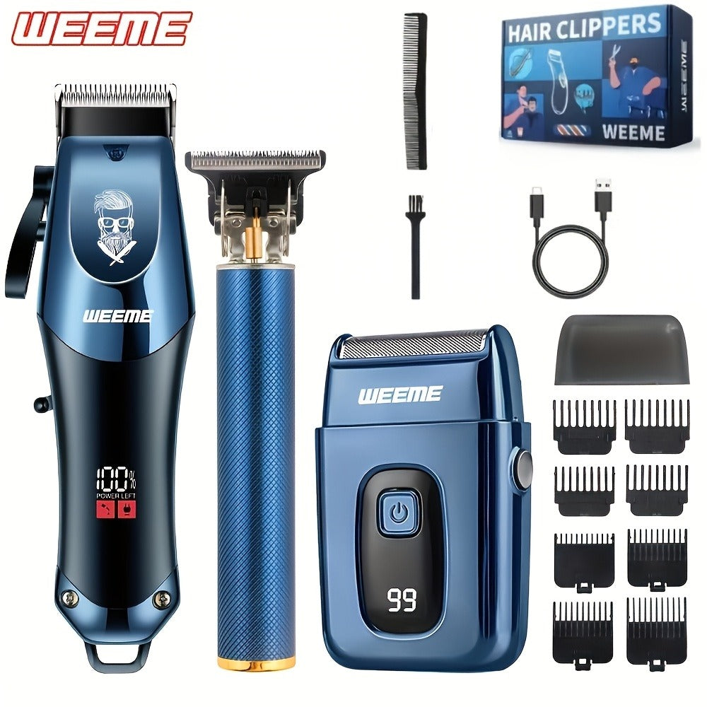 USB Rechargeable Hair Clipper Set for Men — WEEME Electric Razor & T-Blade Trimmer Kit with 8 Limit Combs, 2/3-Piece in Golden, Blue & Black, Valentine's Day & Birthday Grooming Gift