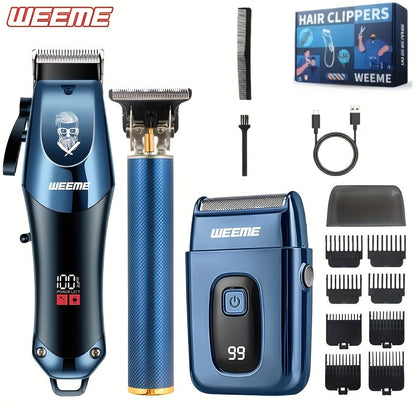 USB Rechargeable Hair Clipper Set for Men — WEEME Electric Razor & T-Blade Trimmer Kit with 8 Limit Combs, 2/3-Piece in Golden, Blue & Black, Valentine's Day & Birthday Grooming Gift