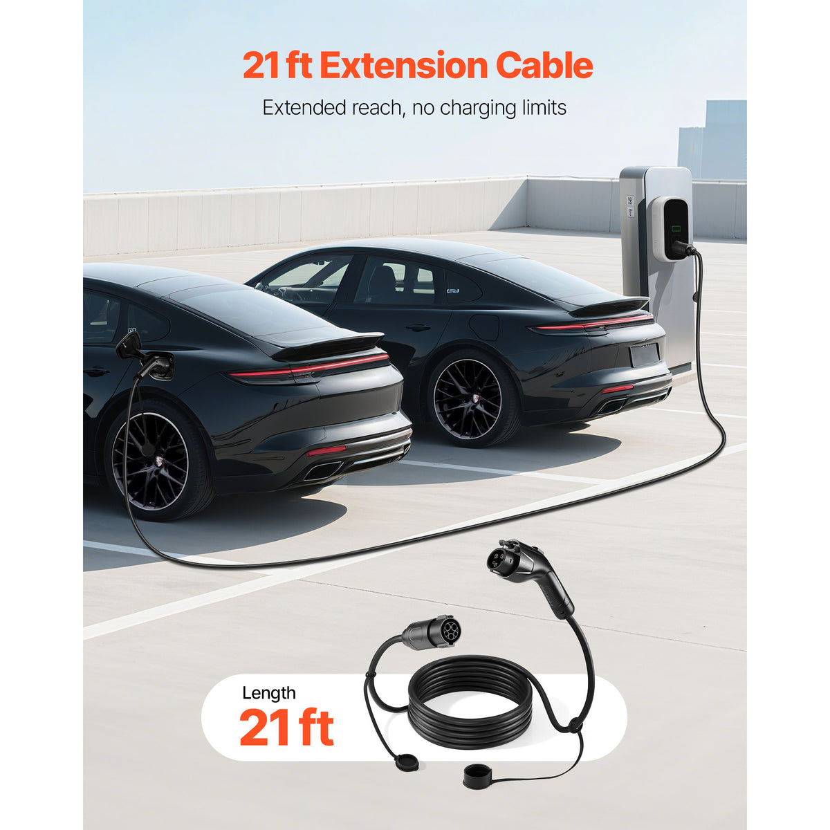VEVOR EV Charger Extension Cable, 32Amp 21 ft J1772 Extension Cord Compatible with 120V-240V SAE J1772 Electric Vehicle Chargers, Level 1/Level 2 Heavy Duty Car Charging Cable with Carrying Bag