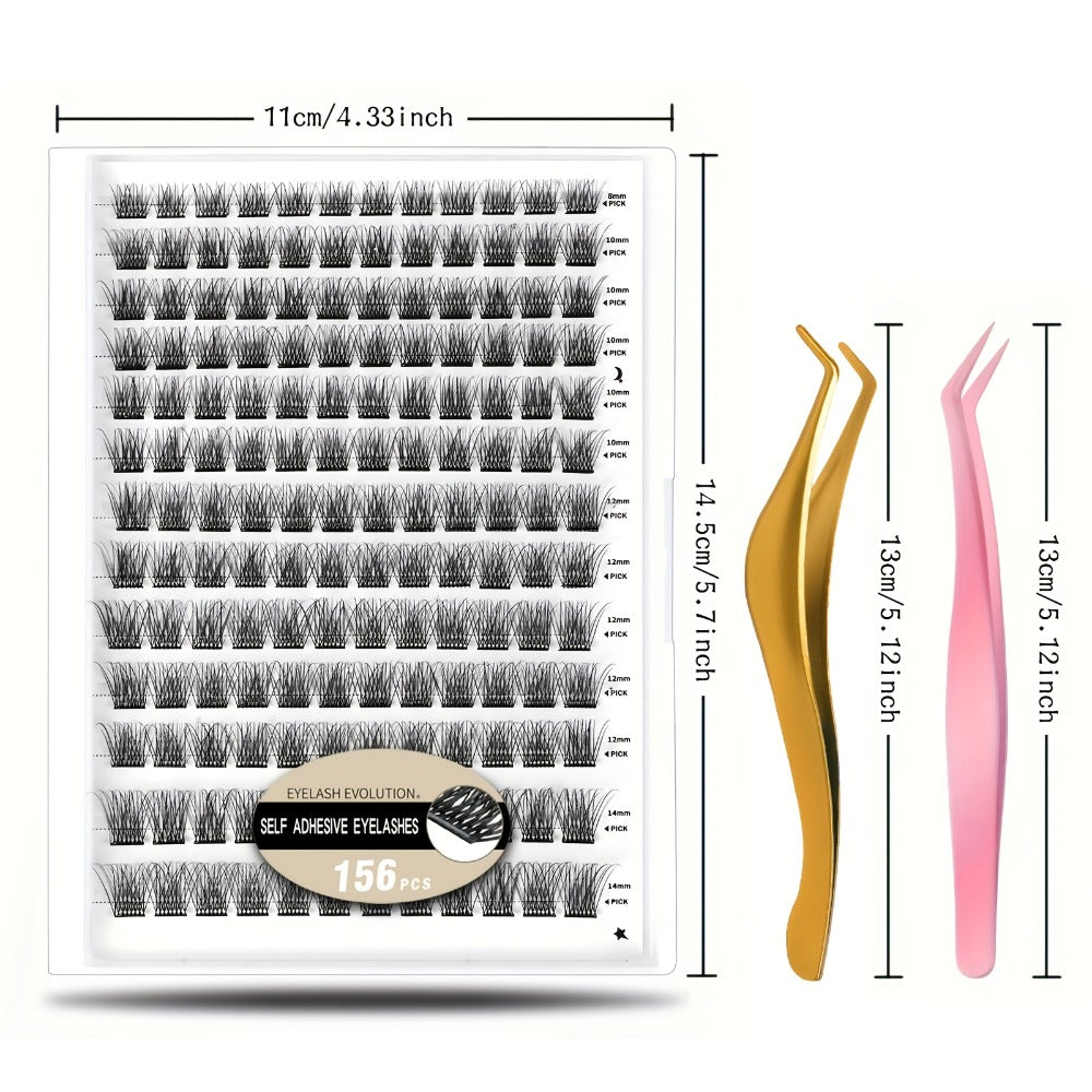 156Pcs No-Glue Lash Clusters Kit — Self-Adhesive Pre-Glued DIY Eyelashes with 2 Tweezers, Reusable Natural Look Cluster Lashes, No Remover No Residue False Eyelash Extension Kit for Women Beginners