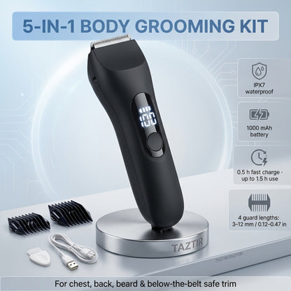 Waterproof Beard Trimmer 5-in-1 Body Grooming Kit for Men IP67 USB Rechargeable Electric Razor with Ceramic Blades LED Display – TAZTIR Black Matte Finish Gift Box Set, Birthday Father's Day Holiday Gift
