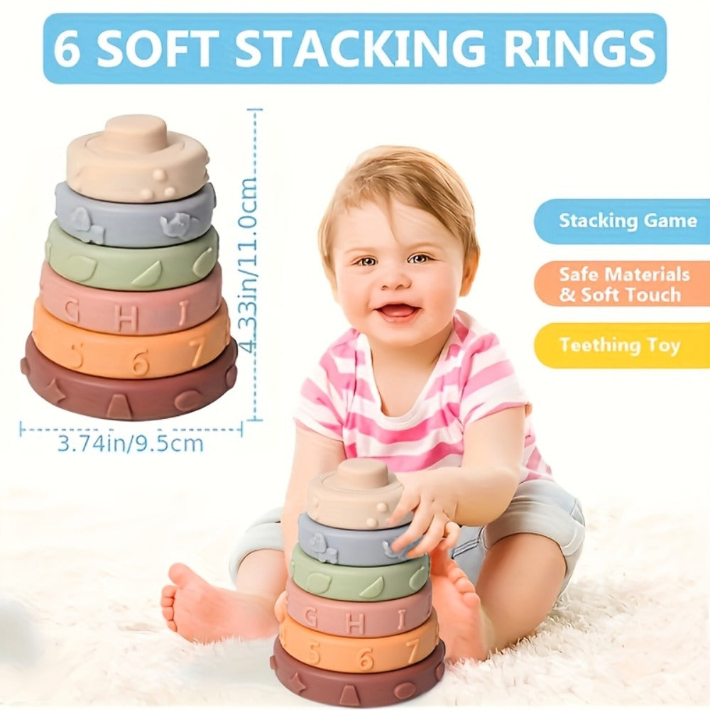 Sensory Stacking Toy Set 3-in-1 for Toddlers & Babies – Hand-Eye Coordination & Fine Motor Skills Activity Kit with Soft Cloth Book, Spinning Top & Stacking Cups, Birthday Easter Baby Shower Gift