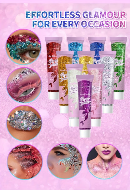 Face Body Glitter Gel Set 30 Pieces — Colorful Shapes Mermaid Sequin Stars Hearts, Transparent Gel Base, Skin-Safe Shimmer Makeup for Festivals, Raves, Halloween, Cosplay & Parties