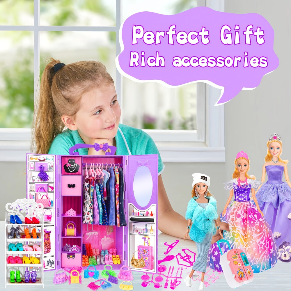 Doll Closet Playset 108 Piece with 11.5 Inch Fashion Doll Purple Wardrobe Wedding Gowns Shoes Handbags Crowns & Accessories – Ultimate Barbie-Size Fashion Gift for Girls Ages 6-12 Birthday Christmas