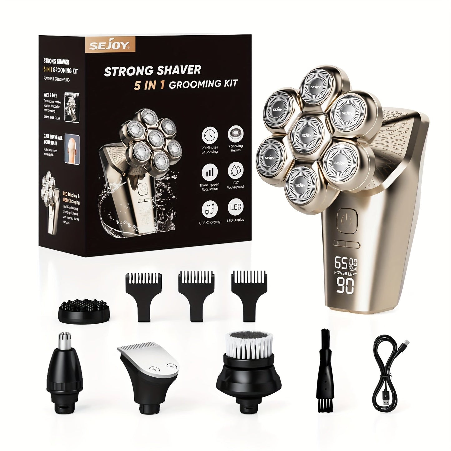 7D Head Shaver Bald Men 5-in-1 Waterproof Wet Dry Electric Razor – Type-C Rechargeable 6500-7500RPM Rotary Grooming Kit with Nose Hair Trimmer for Home & Travel, Perfect Gift for Men