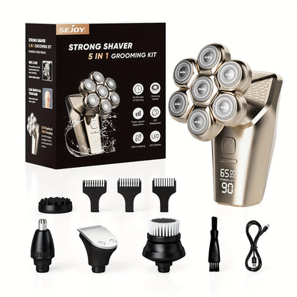 7D Head Shaver Bald Men 5-in-1 Waterproof Wet Dry Electric Razor – Type-C Rechargeable 6500-7500RPM Rotary Grooming Kit with Nose Hair Trimmer for Home & Travel, Perfect Gift for Men