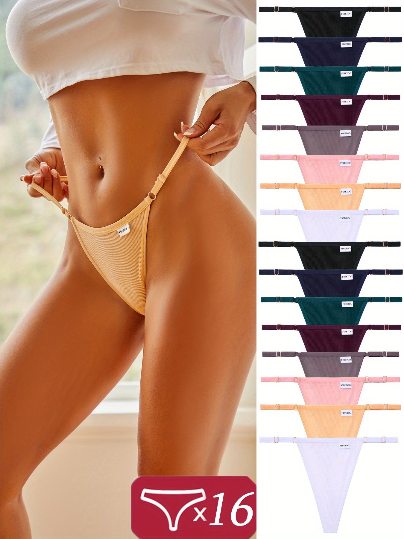 16-Pack Women's Thong Underwear - Adjustable Low-Rise Comfort