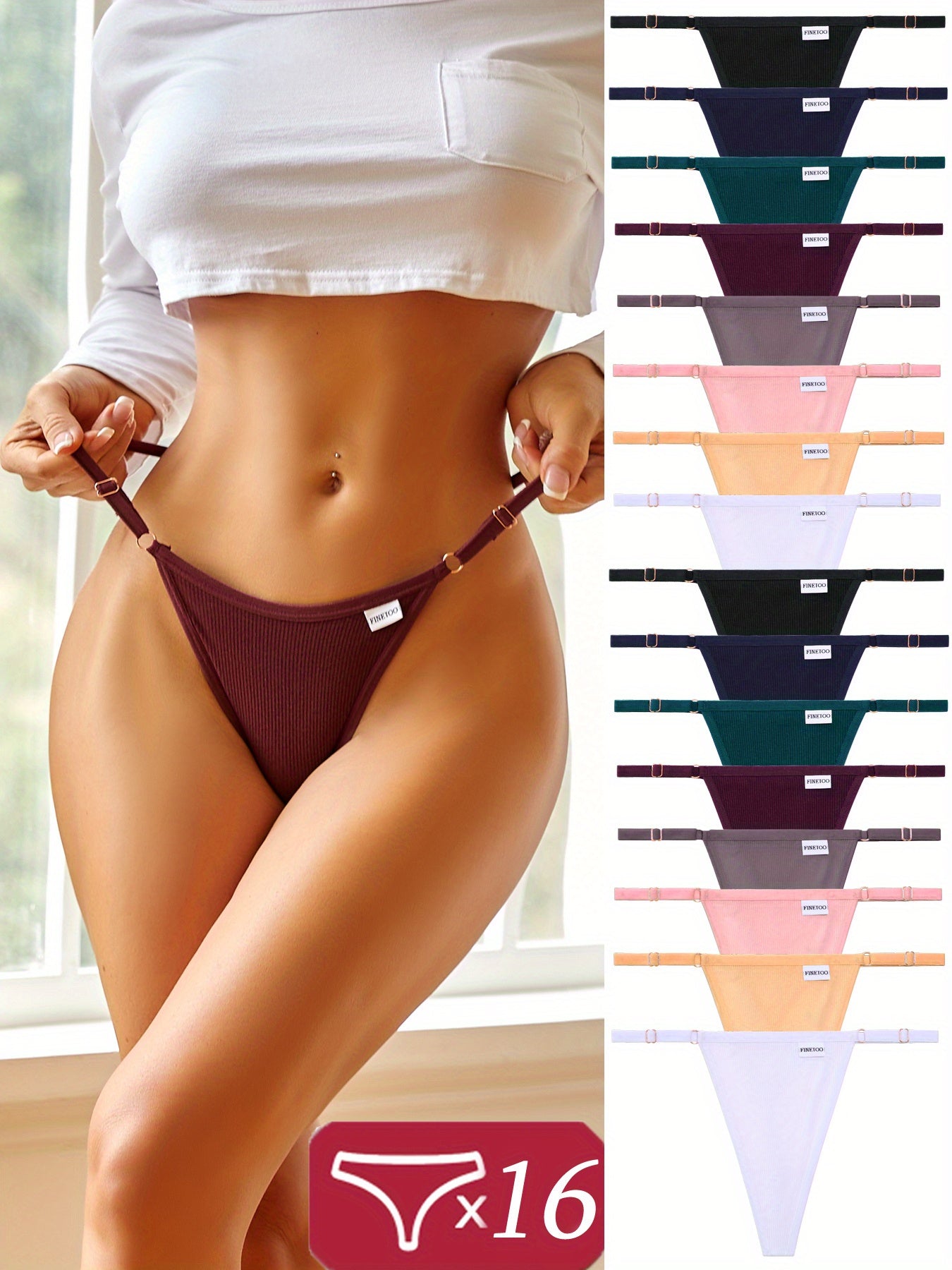 16-Pack Women's Thong Underwear - Adjustable Low-Rise Comfort