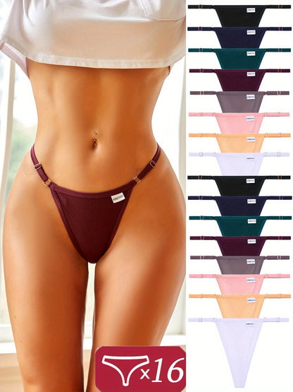 16-Pack Women's Thong Underwear - Adjustable Low-Rise Comfort