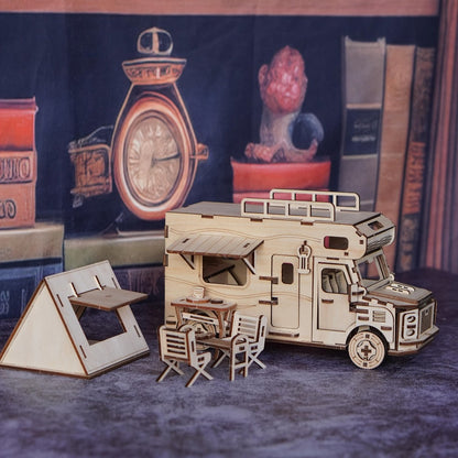 Wooden RV Model Kit – 3D Puzzle Camping Car DIY Assembly Building Toy for Adults & Teens, Laser-Cut Motorhome Craft, Unique Birthday Gift for Camping Lovers Friends Family