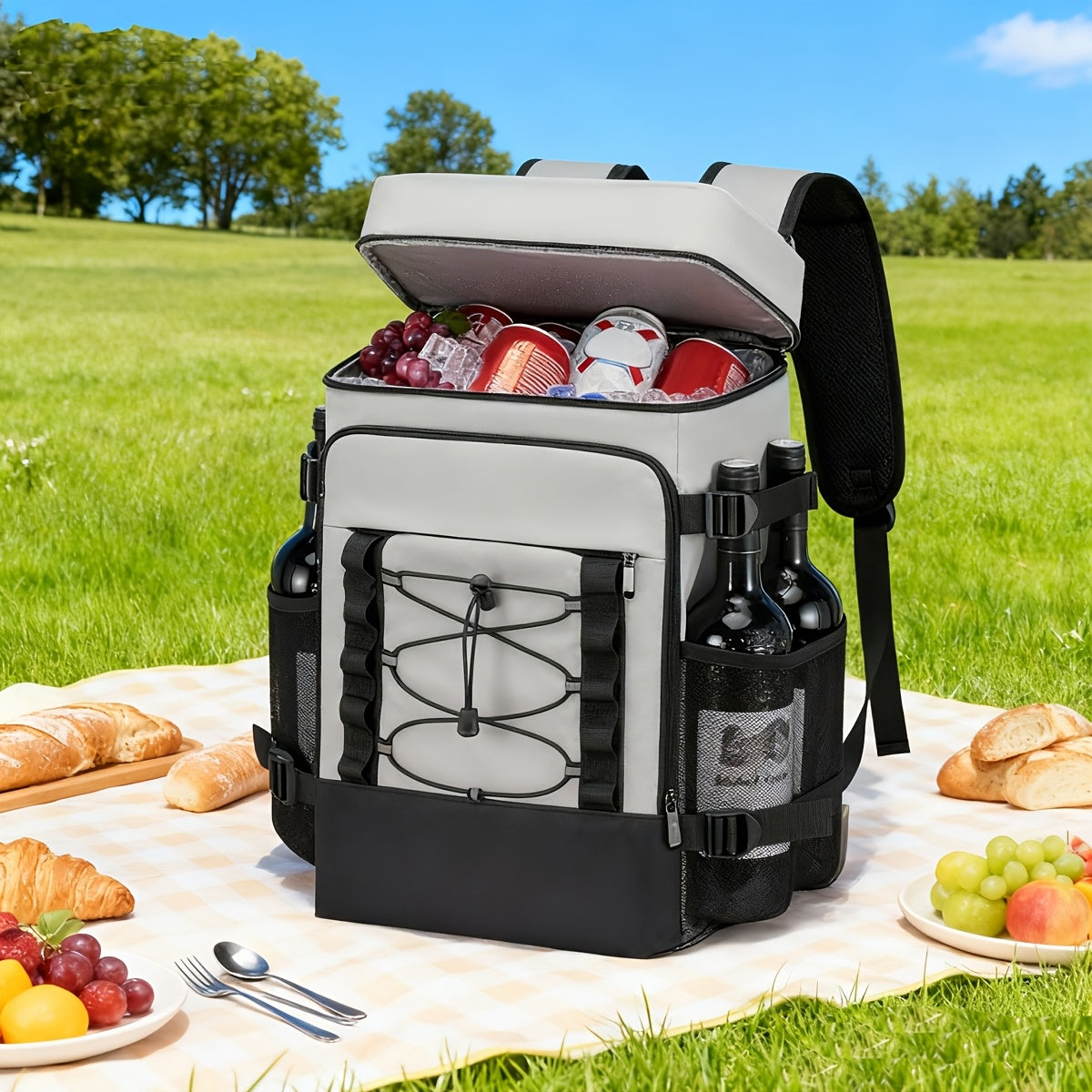 Insulated Cooler Backpack Leakproof Thermal Lunch Bag, Large Capacity Waterproof Cooling Rucksack for Camping, Hiking, Picnic & Beach, Foldable Soft Cooler Bag for Men & Women, Black & Grey