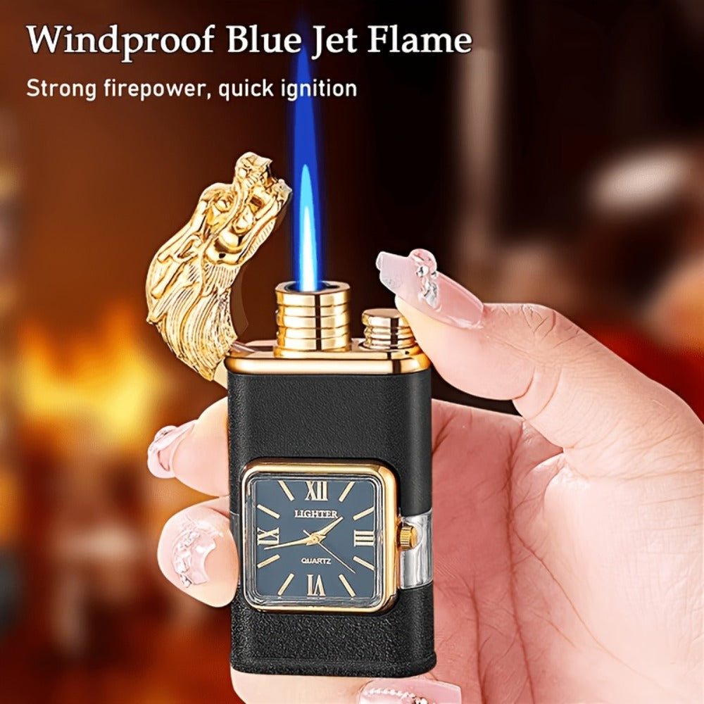 Double Flame Torch Lighter for Men – Windproof Refillable Butane Lighter with Vintage Quartz Dial, Zinc Alloy Body, Gift Box Included, Outdoor Camping BBQ Survival, Unique Engraved Style (Butane Not Included)