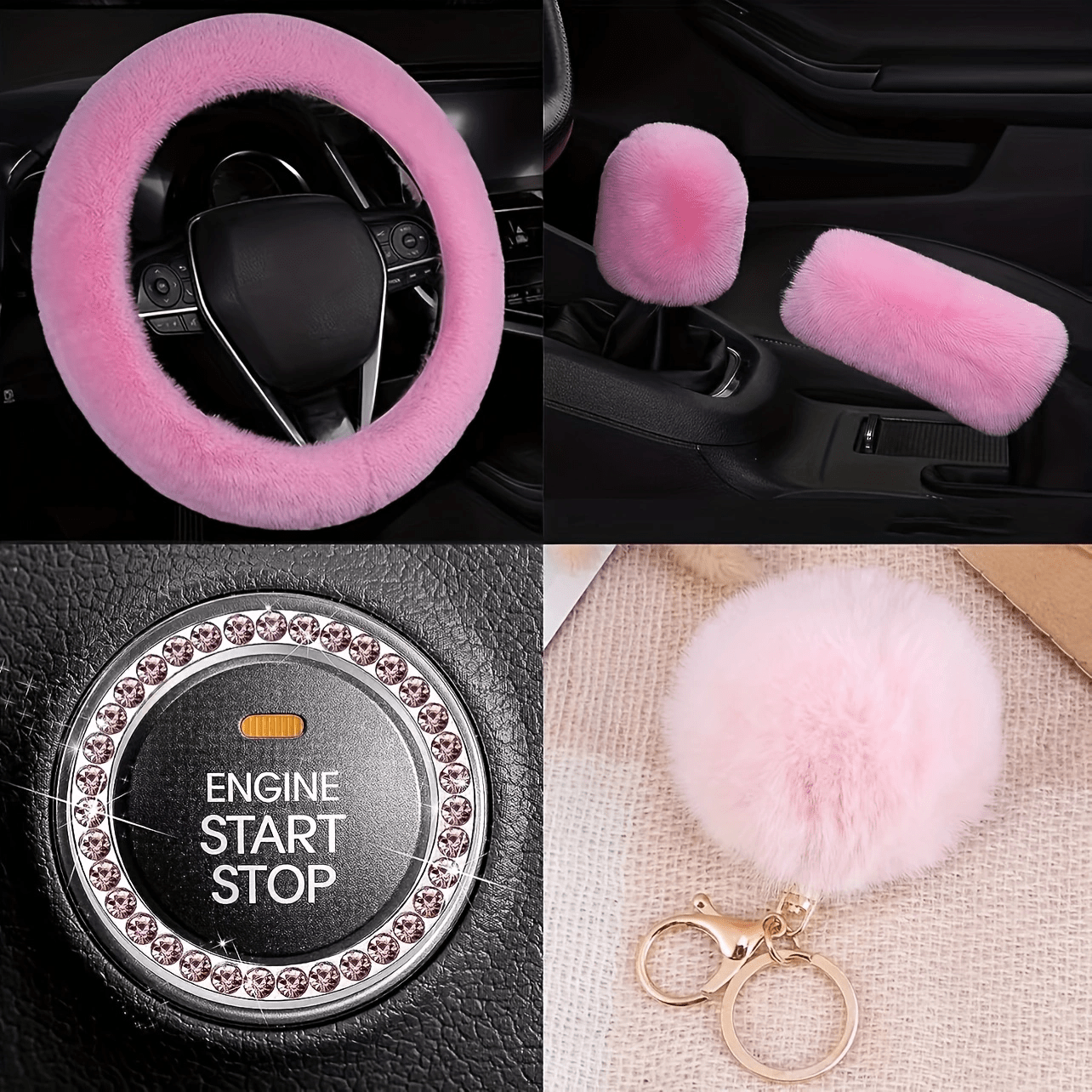 8pcs Set Combination Pink Goddess Plush Car Steering Wheel Cover Rex Rabbit Fur Fluffy Steering Wheel Cover, Purple Car Accesaories