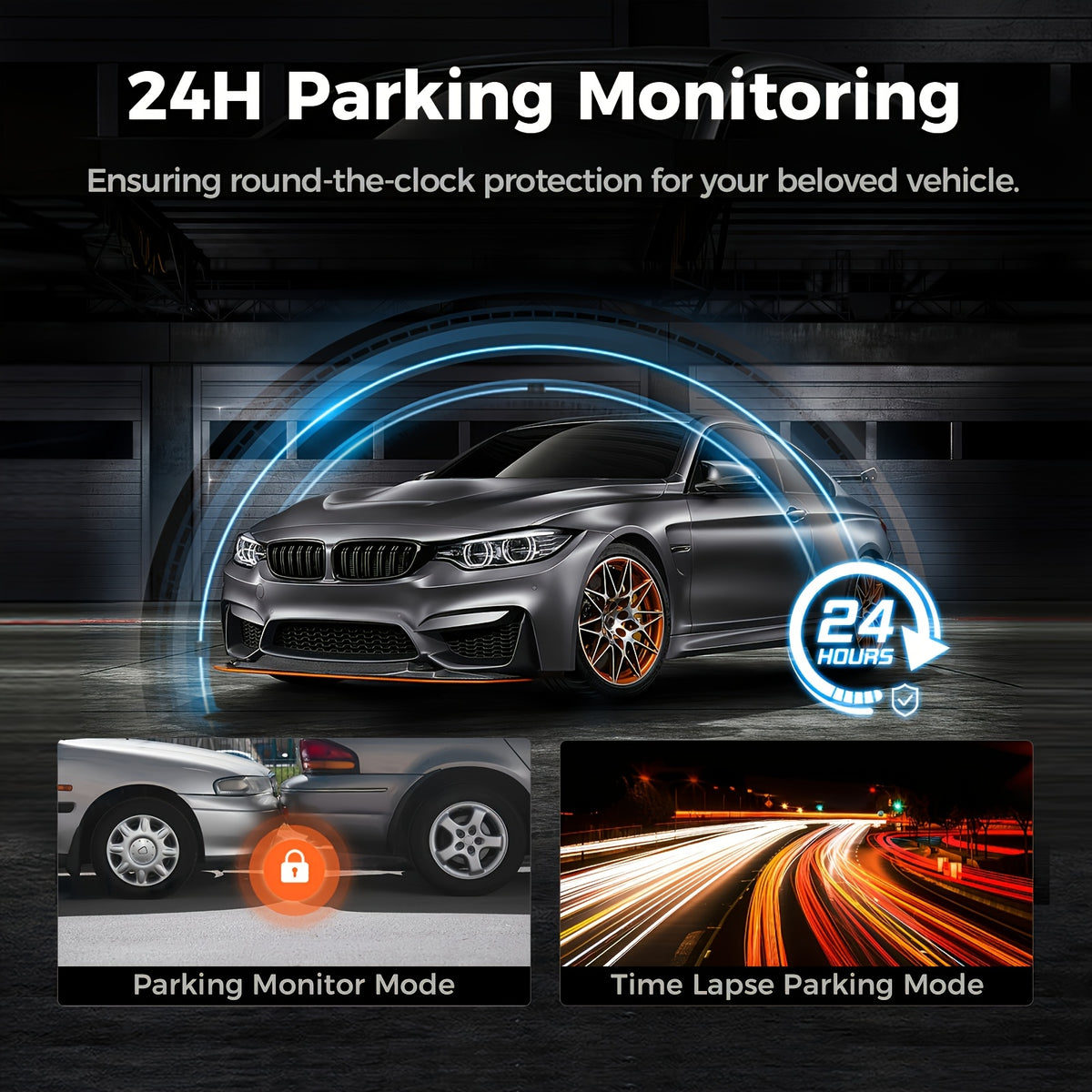 10-inch Touchscreen Dash Cam with Front 1296P and Rear 1080P Recording. Supports App Control, WiFi, GPS, English Voice Control, WDR Wide Dynamic Range, Super Night Vision, and Parking Monitor Mode. Requires Additional Mini Three-core Hard-wiring Kit