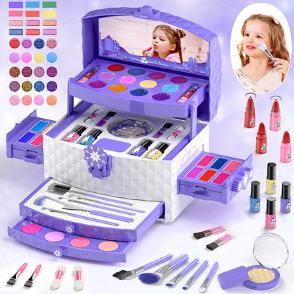 Princess Makeup Set for Girls Ages 3-12 – 58 PCS Non-Toxic Washable Pretend Play Makeup Kit with Brushes & Case | Skin-Friendly Beauty Toy | Best Birthday Christmas Gift for Little Girls