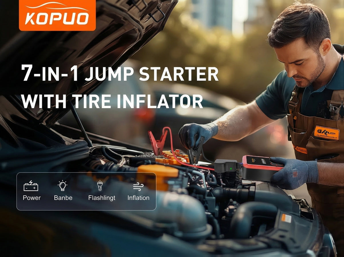 KOPUO 20000A Peak 12V Jump Box, Optional 6000A Jump Starter, Heavy Duty Car Jump Starter And Air Compressor, 150PSI Cordless Tire Inflator with Digital Gauge, All-in-One for 2.64gal Gas/2.11gal Diesel Vehicle, 3-Mode LED Light Camping Emergency