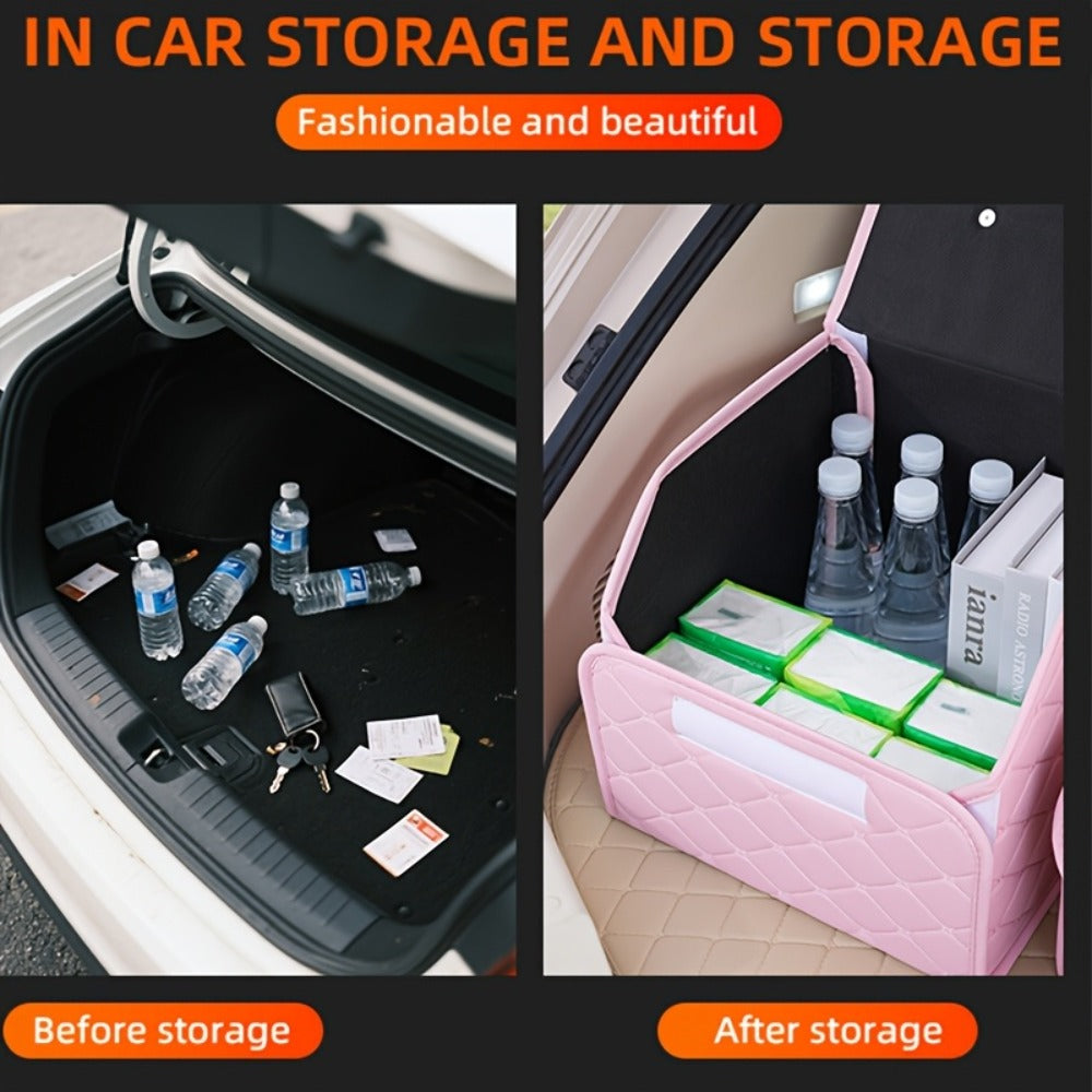 Car Trunk Storage Box Foldable Faux Leather Organizer – High-Capacity 30L/35L Vehicle Cargo Box, Multi-Pocket Space-Saving Trunk Organizer for Women, Daily Use & Road Trips