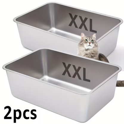 Stainless Steel Cat Litter Box – Non-Stick Odor-Free Easy Clean Metal Litter Pan for Medium & Large Cats, 2-Pack, Available in M / XL / XXL