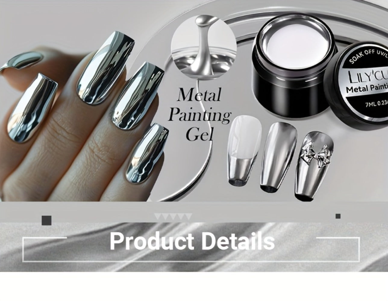 Mirror Metallic Nail Art Painting Gel with Built-In Brush 0.24oz — Metal Effect UV LED Soak Off Silver Chrome Line Drawing Flower Geometric DIY Home Salon Manicure Women Nail Artists