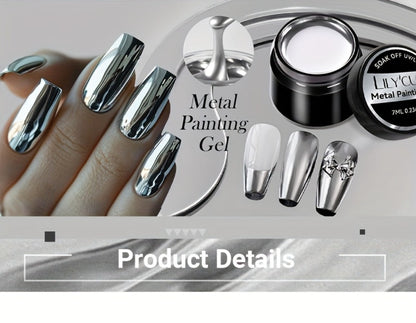 Mirror Metallic Nail Art Painting Gel with Built-In Brush 0.24oz — Metal Effect UV LED Soak Off Silver Chrome Line Drawing Flower Geometric DIY Home Salon Manicure Women Nail Artists