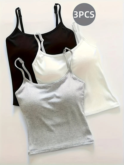 Women's Built-In Bra Sling Tops - 3-Pack Ribbed Casual