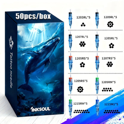 Mixed Tattoo Cartridge Needles 50pcs 10 Types Assorted - Round Liner Shader Magnum Weaved Mag RL RS RM WM Disposable Single-Use Stainless Steel, Complete Variety Pack for Artists & Beginners All Styles