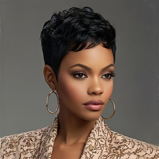 Short Wavy Pixie Cut Wig with Bangs Bold Colors Synthetic 4 Inch Heat Resistant for Women | Dark Brown Deep Purple Burgundy | Daily Wear Cosplay Party