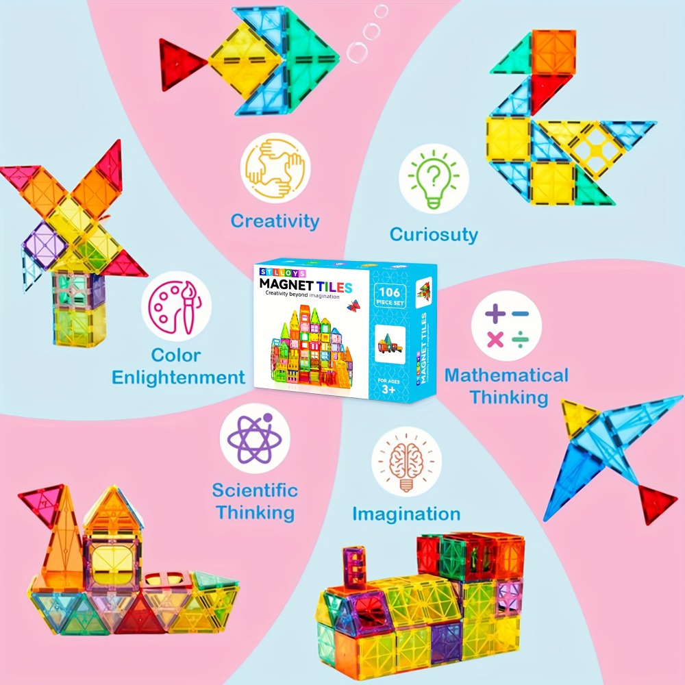 Magnetic Tiles for Kids 106/136pcs with 2 Toy Cars – STEM Approved Educational Magnet Building Blocks Set Stacking Puzzle Toy for Boys & Girls Ages 3+, Best Birthday Christmas Holiday Gift