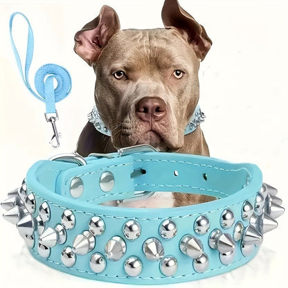 Rivet Dog Collar Bite Resistant with Leash Set, Heavy Duty Metal Buckle Pet Collar for Medium Large Dogs, Adjustable Sizes XS–XXL, Black Pink Red Blue Purple