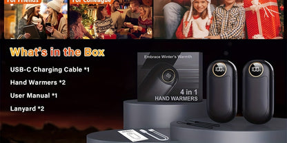 Rechargeable Hand Warmers 2 Pack – Dual-Sided Electric Pocket Heater with Power Bank & LED Light, 36Hrs Warmth, 4 Heat Levels, Portable Reusable Handwarmer Gift for Men & Women, Deep Black / Orange