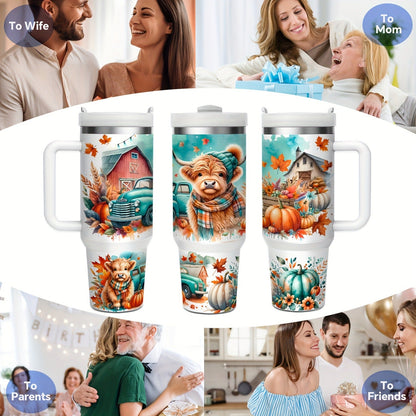 Stainless Steel Insulated Tumbler With Lid and Straw, 40oz & 16oz Highland Cow Thanksgiving Water Bottle With Handle, Keeps Cold 24 Hours Hot 12 Hours, Portable Travel Cup for Car Home Office Birthday Gift