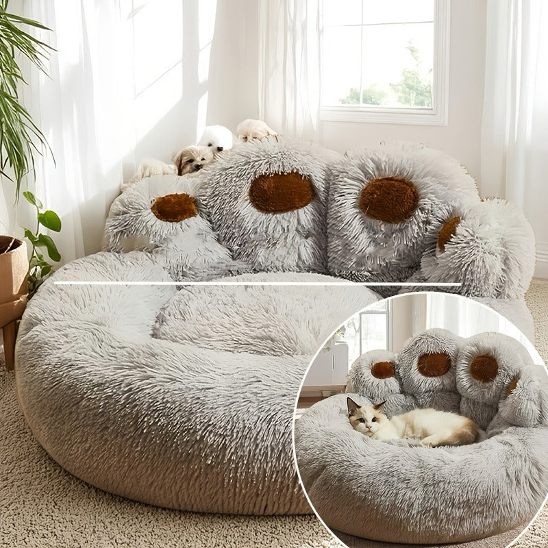 Dog Bed & Cat Bed Plush Bear Paw Print – Soft Warm Pet Bed for Small Medium Large Dogs, Thickened Long Plush, No Assembly, Autumn Winter Pet Sleeping Bed in Coffee Pink Gray