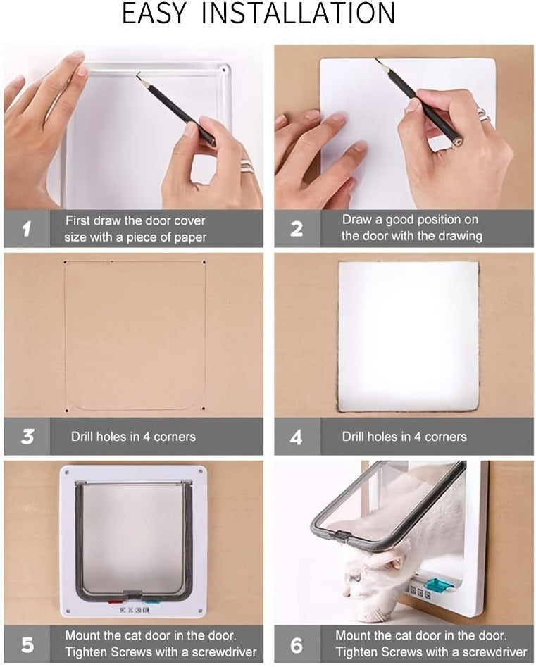 Cat Door & Dog Door with 4-Way Safety Lock – Weatherproof Flip Pet Door for Cats & Dogs, M/L/XL Sizes in White, Black & Coffee, Bonus Rainbow Ball Toy Included