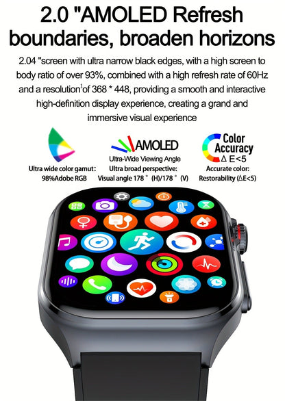 AMOLED Smartwatch 2.04" Display, Bluetooth 5.3 Calling, NFC, 530mAh Battery, Multi-Sport Modes, Voice Assistant, SOS, Menstrual & Weather Forecast, Magnetic Charging, Compatible with iOS & Android, Unisex Gift for Men & Women