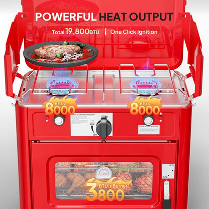 Camping Stove with Oven 2-in-1 – Portable Propane Double Burner 16,000 BTU & Outdoor Oven Combo with Auto-Ignition & Thermometer | Camping, Backyard & Picnic Cooking