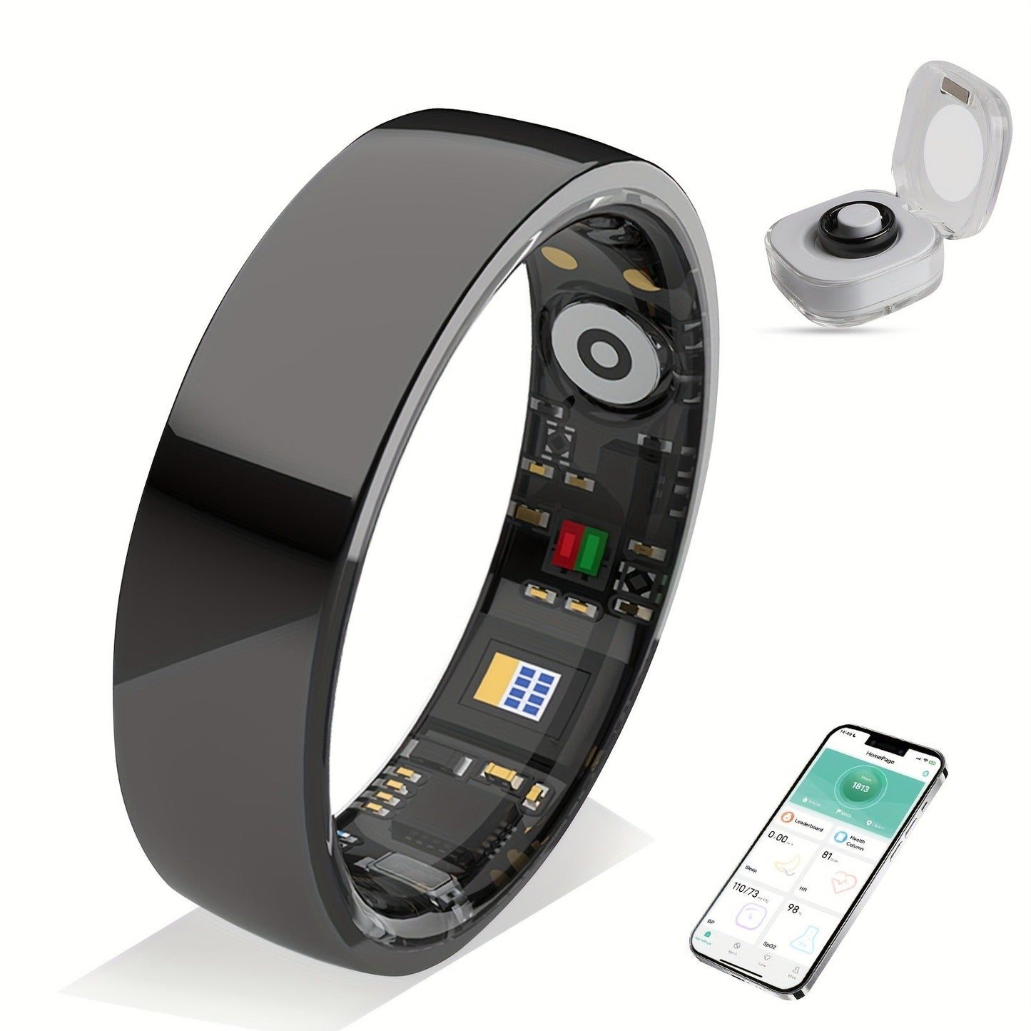 Fitness Tracker Smart Ring – IP68 Waterproof, Sleep & Step Monitor, Crystal Charging Case, Stainless Steel | Men & Women Sizes 7–13