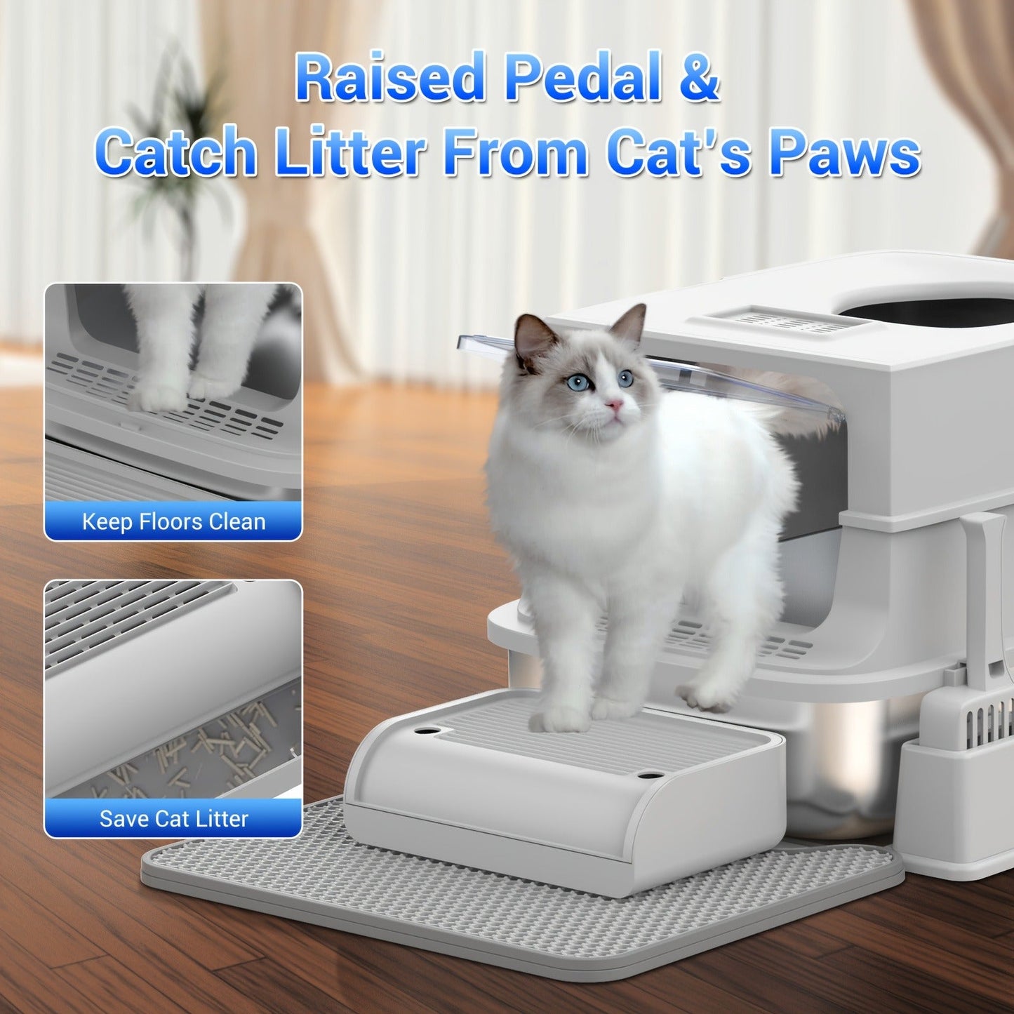 Stainless Steel Cat Litter Box with Lid - Extra Large 68L Enclosed & Semi-Open Modular System, 304 Steel Non-Stick Easy Clean, Charcoal Filter, Litter Mat & Scoop Included, Indoor XL Pet Toilet