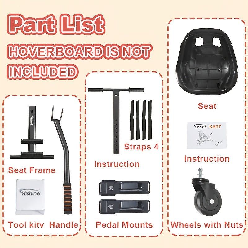 Hoverboard Go Kart Seat Attachment Kit for Kids 6.5"-10" Self Balancing Scooter Conversion Accessories with Off-Road Tires, Shock Absorber & Dual Footrests – Sturdy Metal Frame, Easy Install, Fun Ride