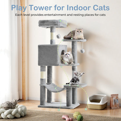 44-Inch Cat Tree Tower with Condo & Hammock - Multi-Level Indoor Cat Tree with Natural Sisal Scratching Posts, Perches & Pet House for Cats & Kittens, Stable Cat Climbing Tower, 5 Colors