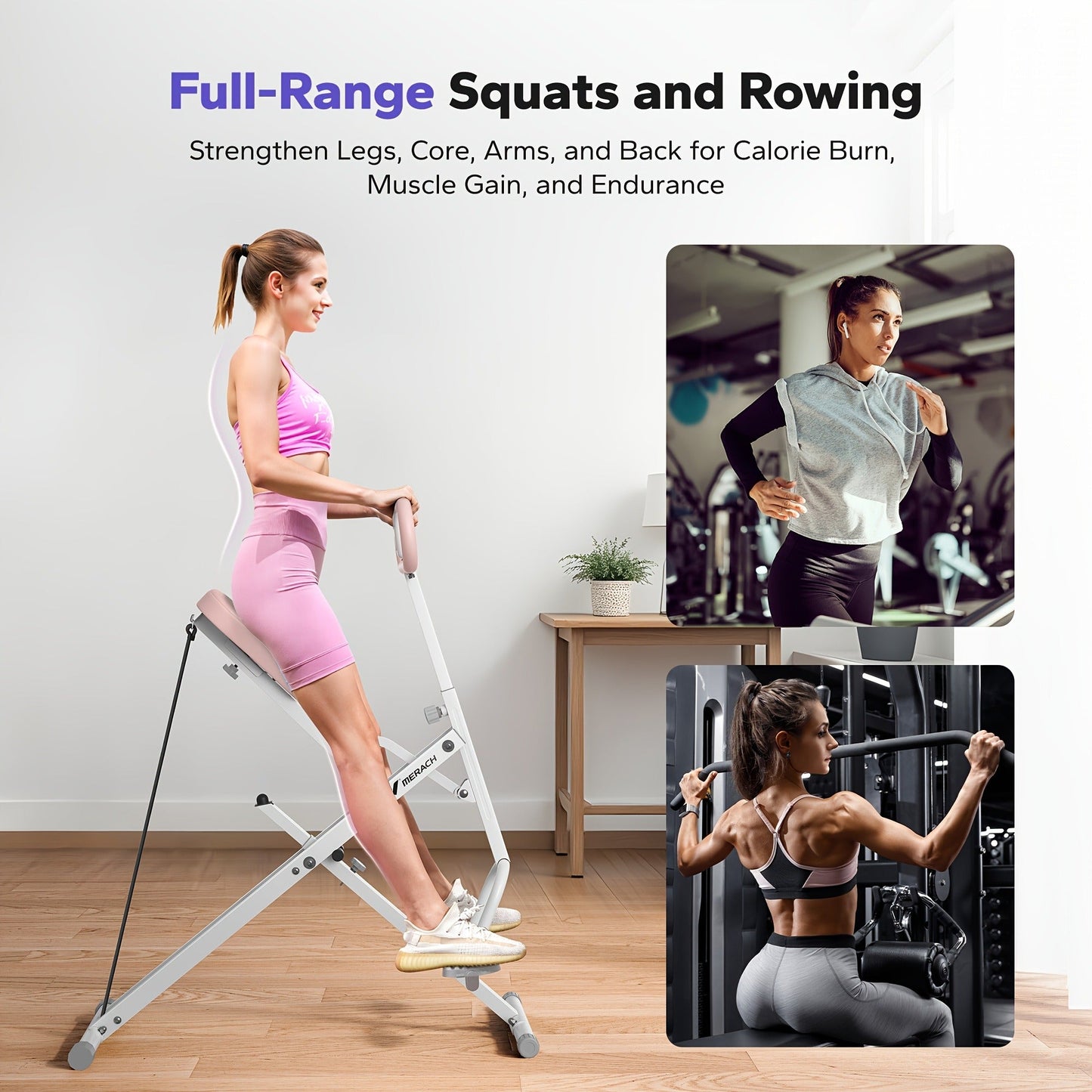 Rowing Machine 2-in-1 Squat & Row – Foldable Glute Trainer with LCD Display, 3 Resistance Bands, 350 lbs Capacity, Home Gym Leg & Back Workout