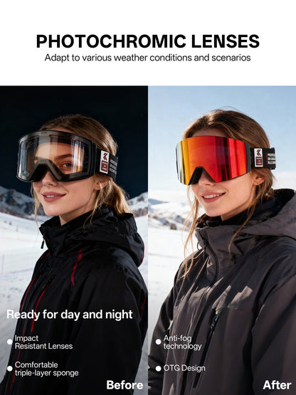 Magnetic Photochromic Ski Goggles OTG Helmet Compatible – 16-Point Magnetic Swap Lens, Triple-Layer Foam, Double Anti-Fog Dual-Layer PC 99.99% UV Protection for Men & Women, Includes Case & Bag