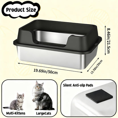 Stainless Steel Cat Litter Box with Scoop - High-Wall Semi-Enclosed Design, Non-Stick Easy Clean Surface, Anti-Leakage Odor Control, 2 Sizes for Kittens & Multiple Cats, Modern Metal Pet Toilet
