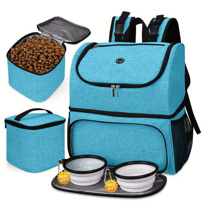 Pet Travel Backpack Double Layer Dog Cat Supplies Bag with 2 Collapsible Bowls 2 Food Baskets Portable Organizer for Outdoor Hiking Camping Road Trip