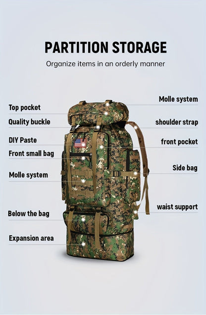 Tactical Backpack 100L Large Capacity Hiking Backpack Multiple Compartments Heavy Duty Ergonomic Straps for Camping Travel Trekking Backpacking Outdoor Adventures Jungle Green Black Army Green Gray Desert